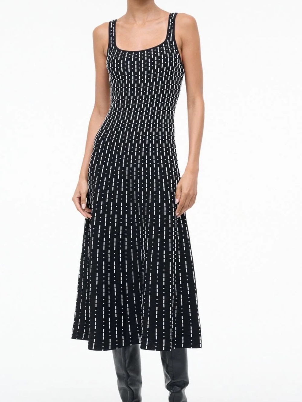 STAUD Black Knit Midi Dress with White Linear Dot Pattern